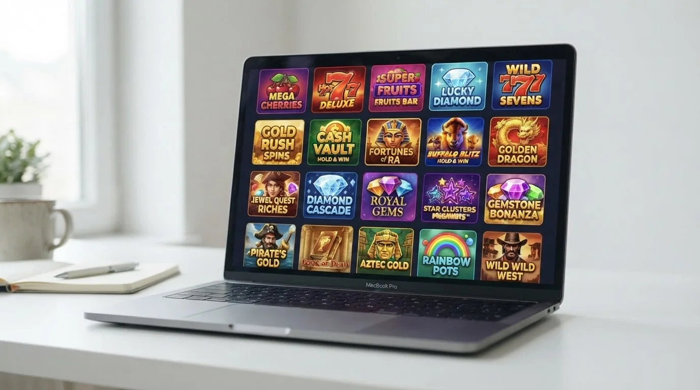 Grid of 1spin4win slot title cards showing classic fruit-machine and Hold and Win designs side by side