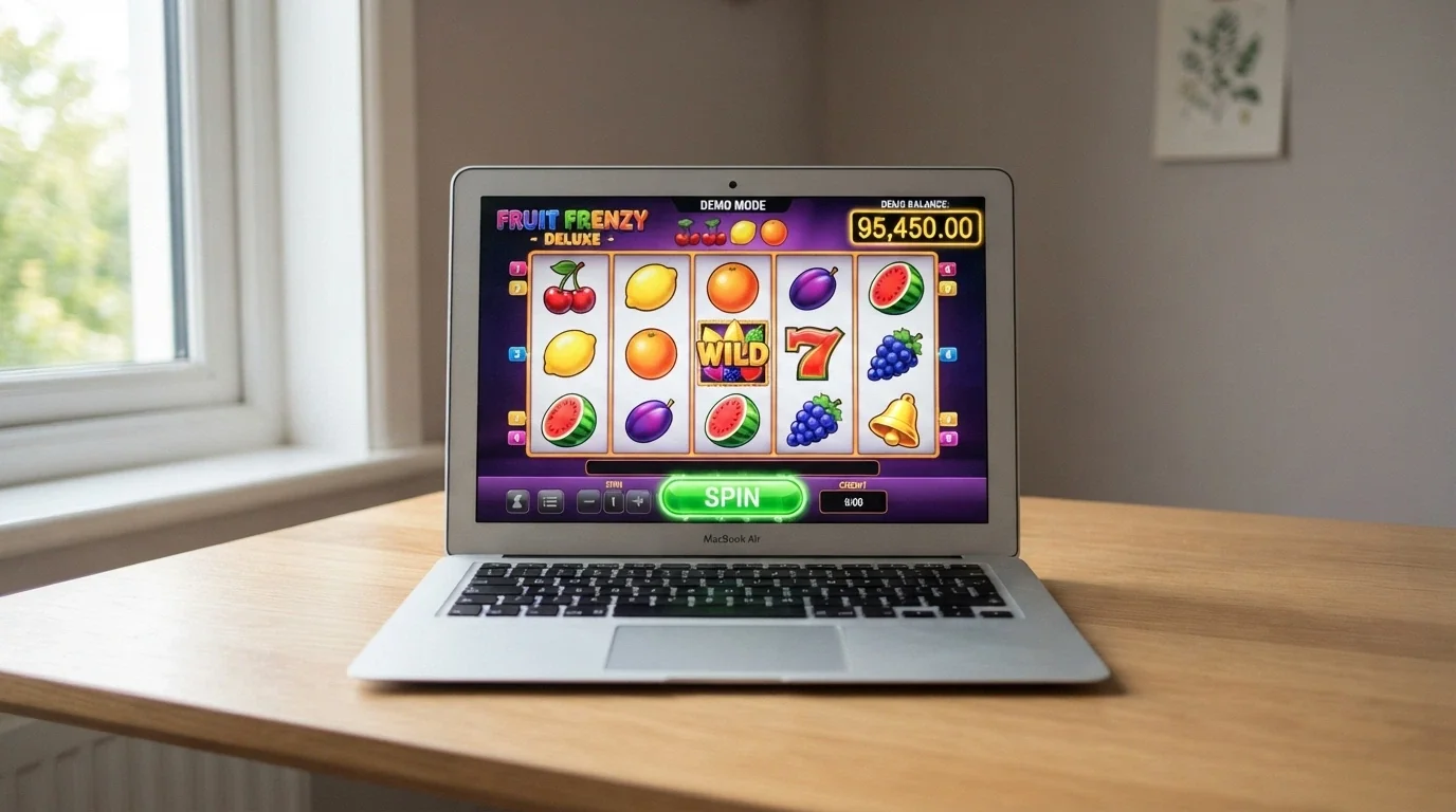 1spin4win slot game in demo mode showing a play-money balance and the spin button highlighted