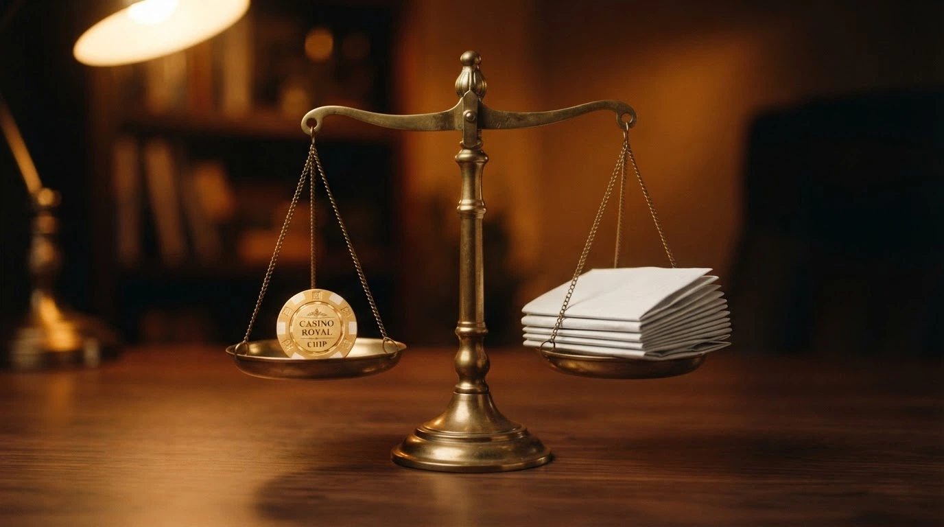 A balanced scale with a five-dollar chip on one side and folded terms-and-conditions pages on the other