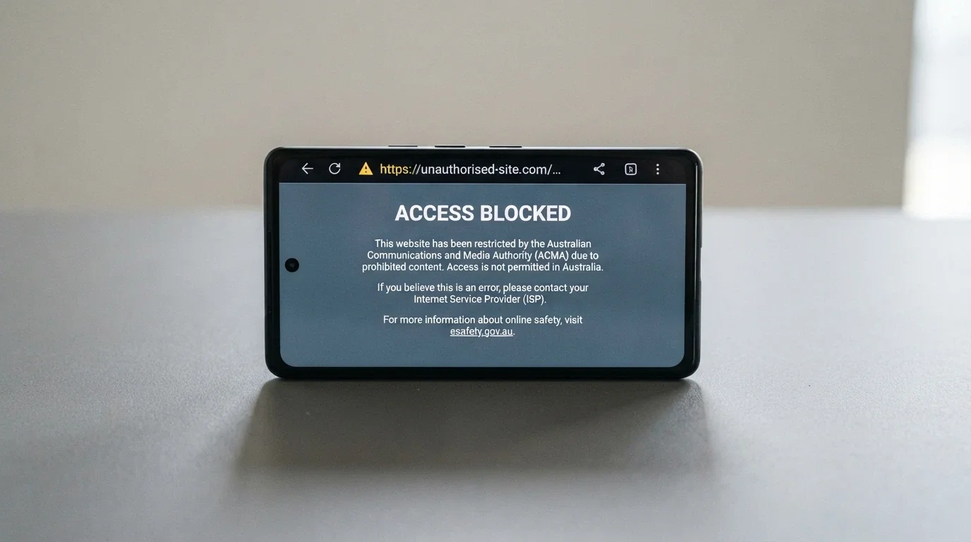 A smartphone browser displaying an ACMA blocking notice or a site-unavailable screen, with Australian government branding visible