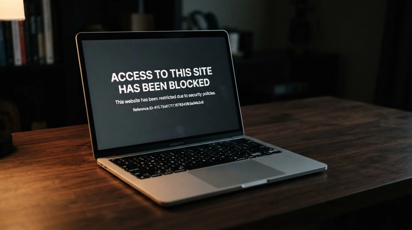 A laptop screen showing an ACMA blocking notice against a dark background, with the text “access to this site has been blocked” visible