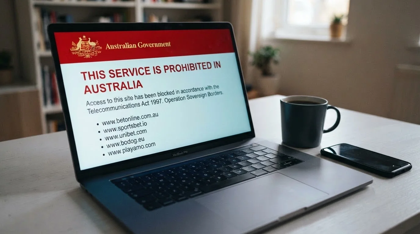 A screen displaying an ACMA warning notice beside the Australian coat of arms, with “This service is prohibited in Australia” in red text and a list of blocked domains below.