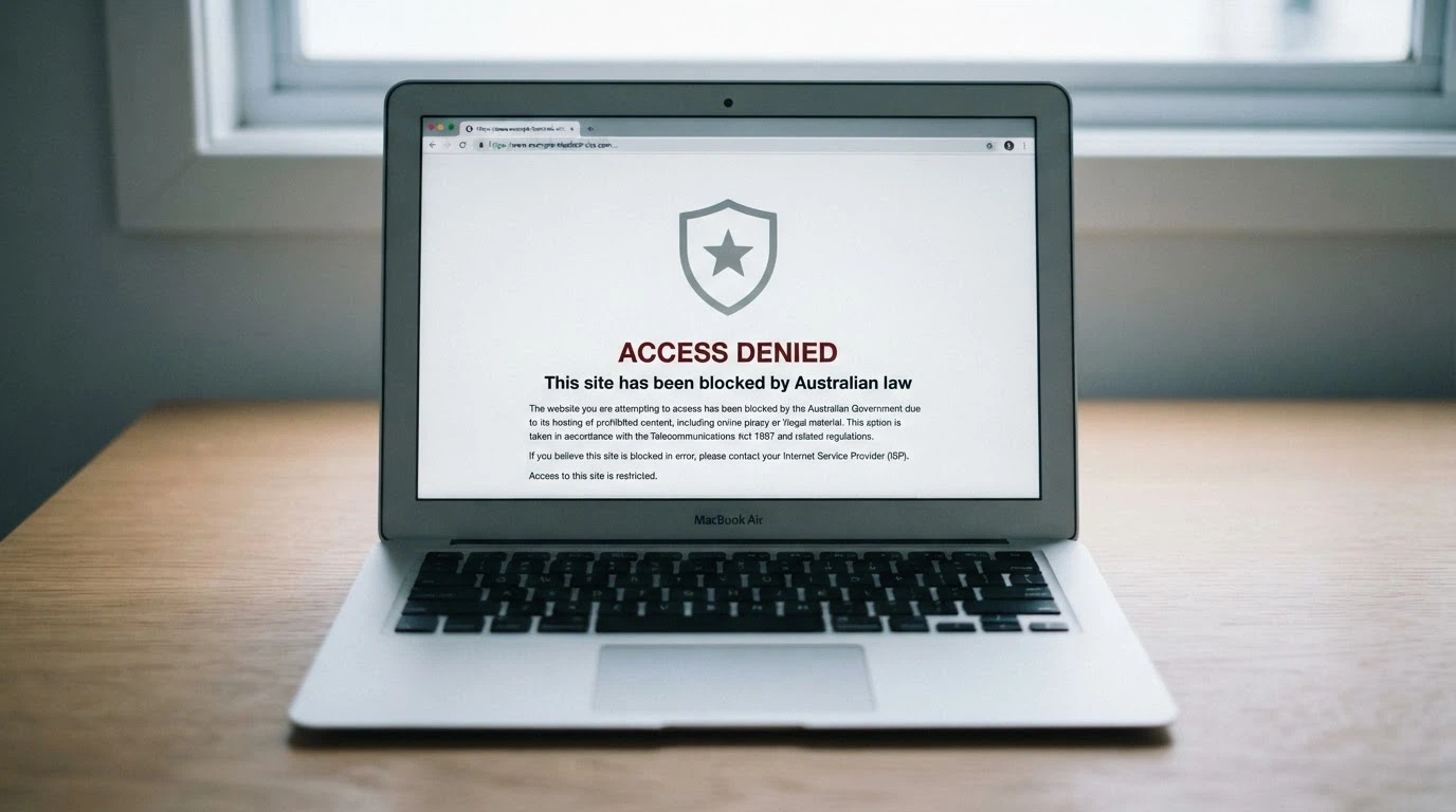 A government-style warning screen beside a blocked-website notice with an ACMA logo visible