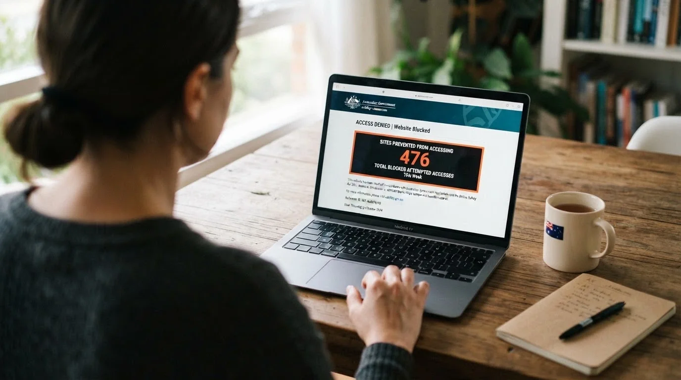A browser window displaying the ACMA website's blocked-sites page with the count of 1,788 illegal sites blocked, the Australian coat of arms visible in the header
