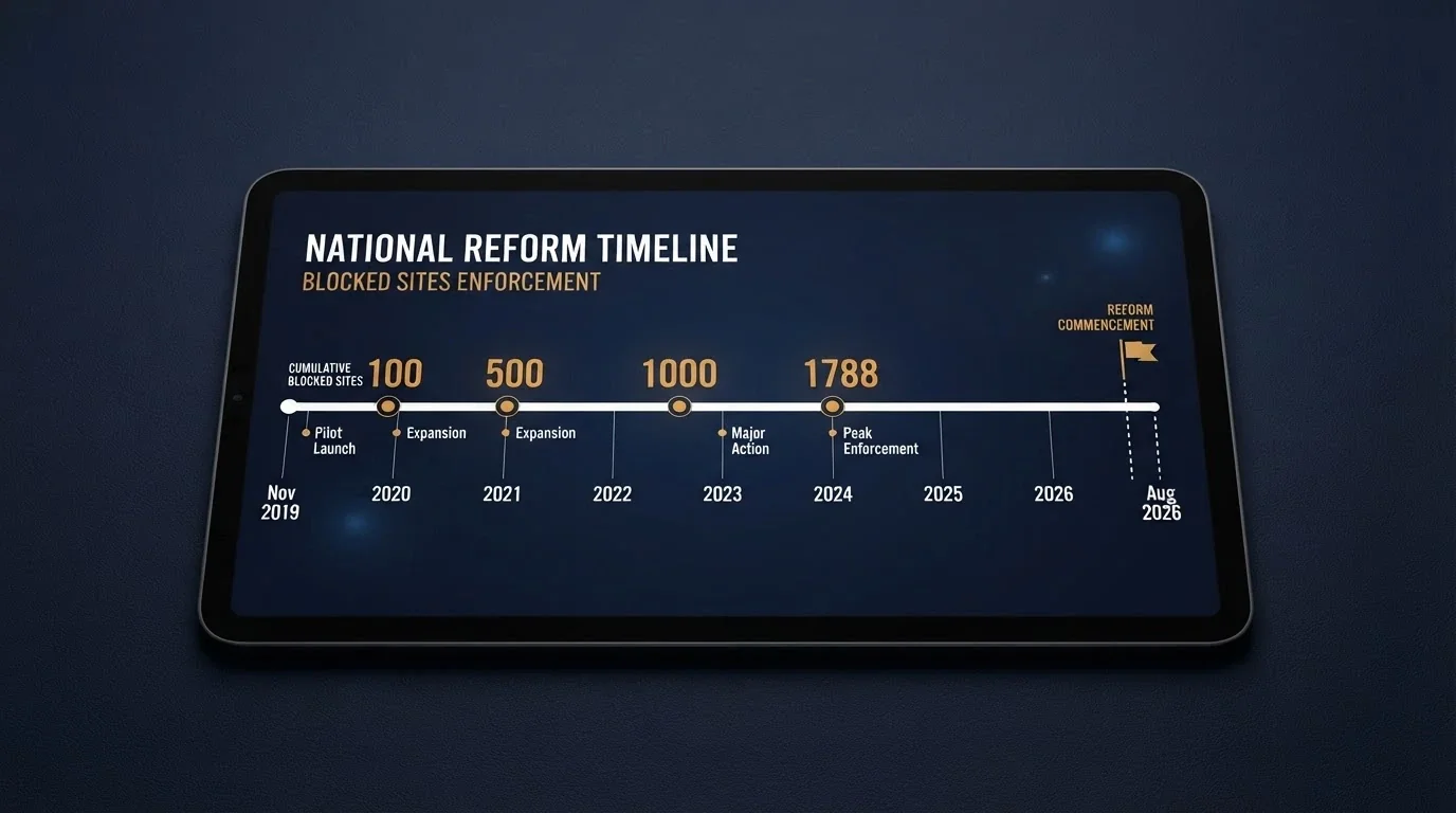 A timeline graphic showing the ACMA's enforcement milestones from the first blocking request in November 2019 through to the 1,788-site total in August 2026, with the 2026 reform marker at 1 January 2027