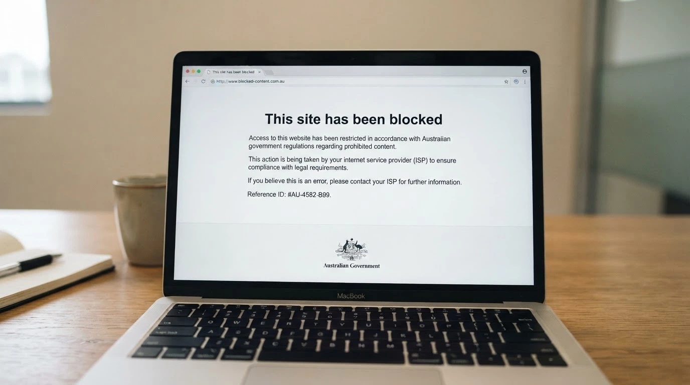 A browser window displaying an ACMA blocking notice with “This site has been blocked” in the centre of the screen