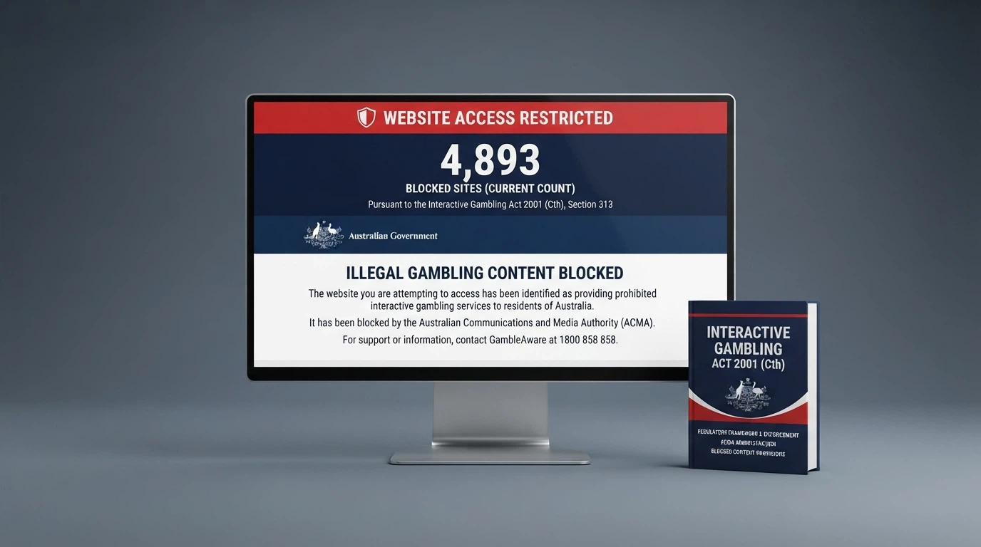 An official-looking screen showing the ACMA website-blocking notice alongside the Interactive Gambling Act 2001 statute cover, with a prominent 1,788+ blocked count