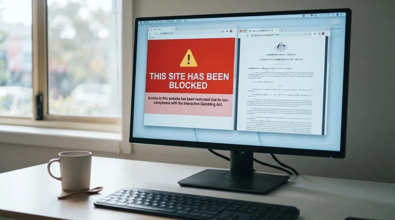 A browser window displaying an ACMA blocked-site notice alongside the Interactive Gambling Act document
