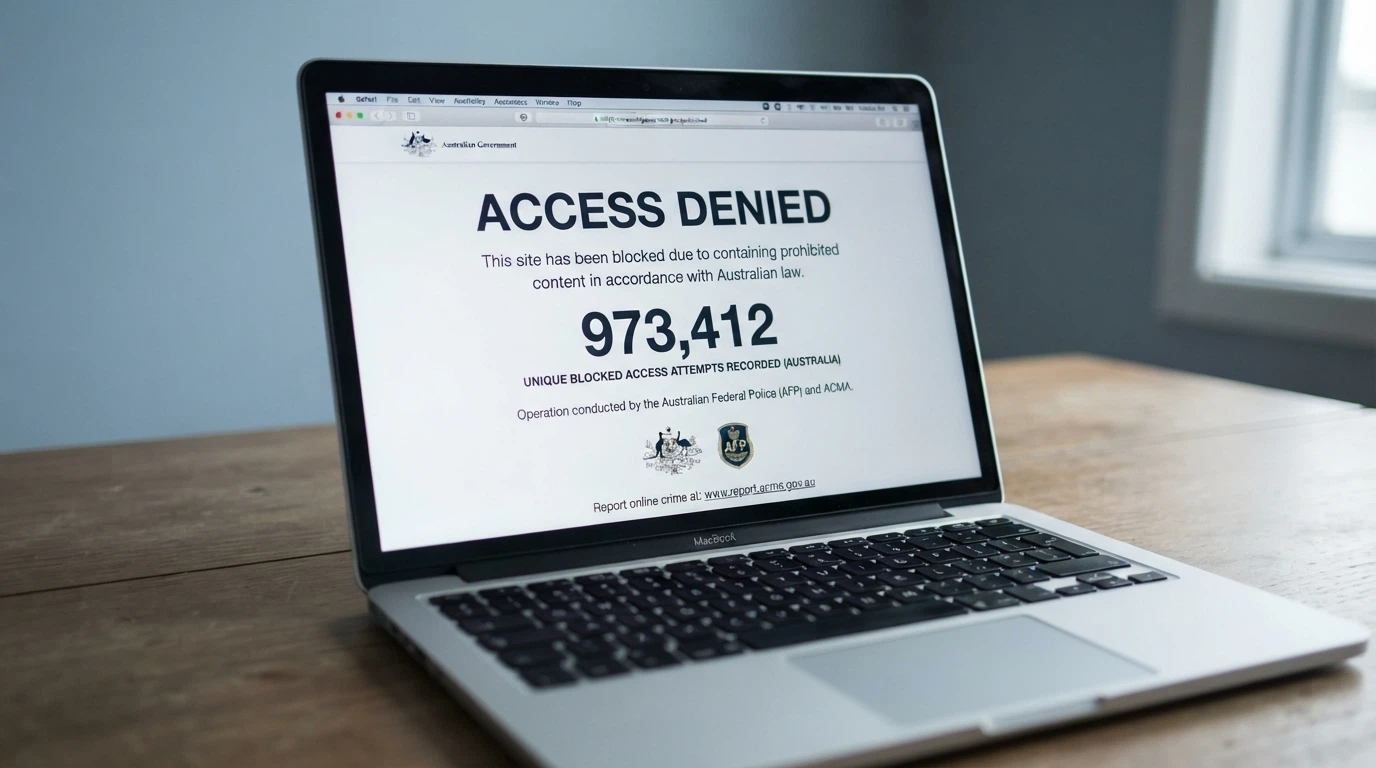 A screenshot-style display of an ACMA website-blocking notice, with the tally of 1,788 blocked sites and the ACMA logo