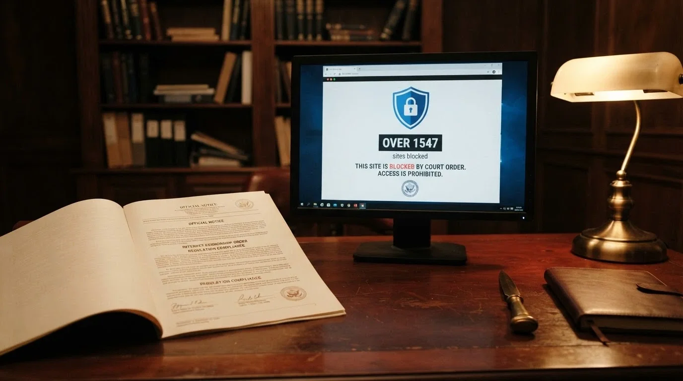 A government-style document with the Interactive Gambling Act 2001 visible, beside a browser window showing an ISP blocking page with the ACMA logo and the count of 1,564 blocked sites