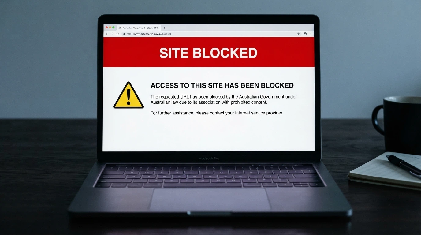 A stylised representation of an ACMA blocking notice as it appears when an Australian user tries to reach a blocked gambling site