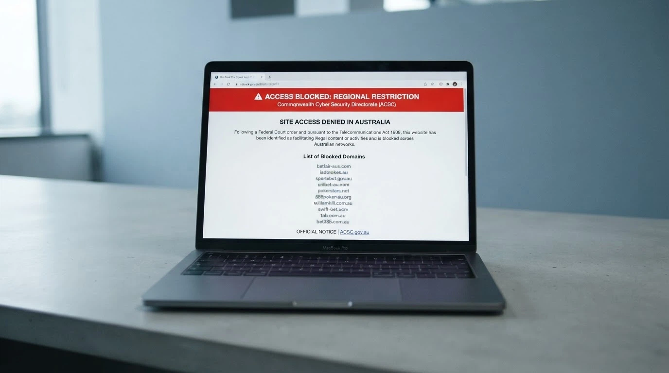 A web browser displaying an ACMA blocking notice with the Australian Government crest, beside a list of blocked domain names.