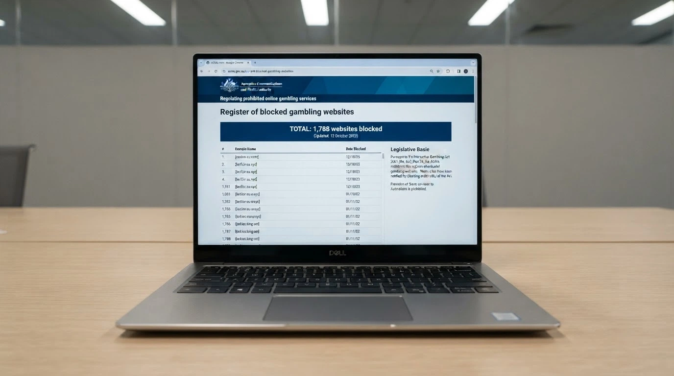 A laptop screen showing the ACMA website listing blocked illegal gambling domains beside the text of the Interactive Gambling Act