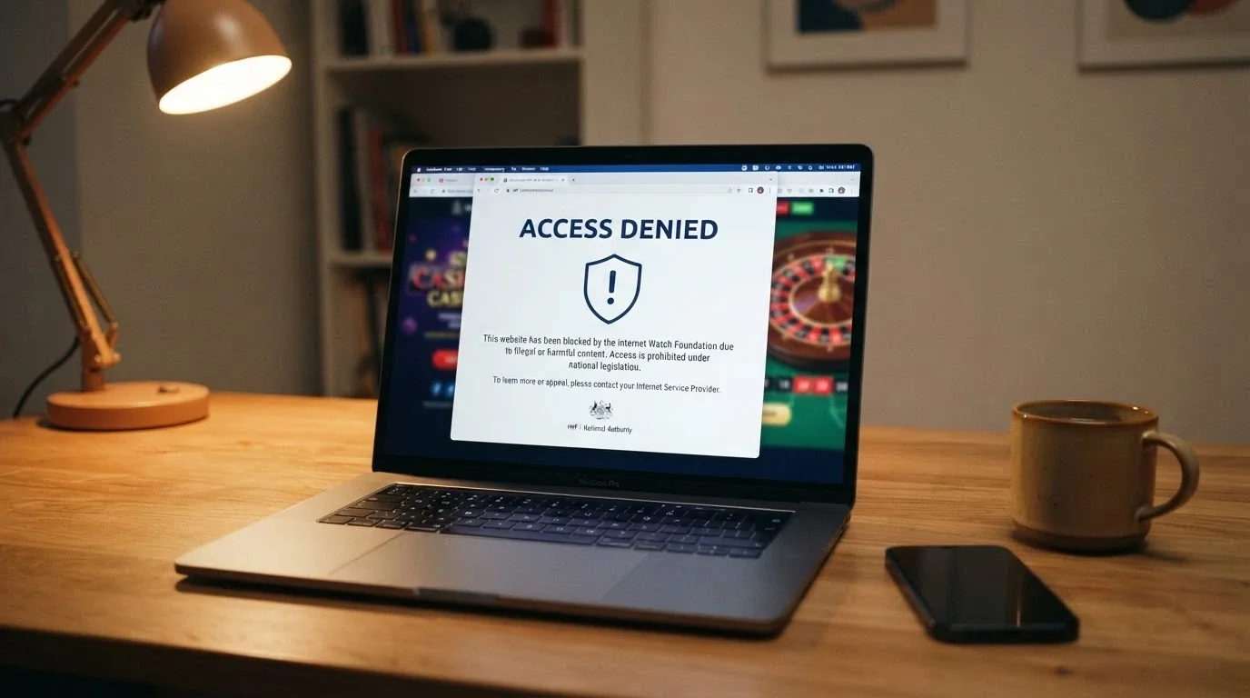 An official-looking ACMA webpage or blocking notice visible on a laptop screen, with an offshore casino logo faintly visible in a background browser tab