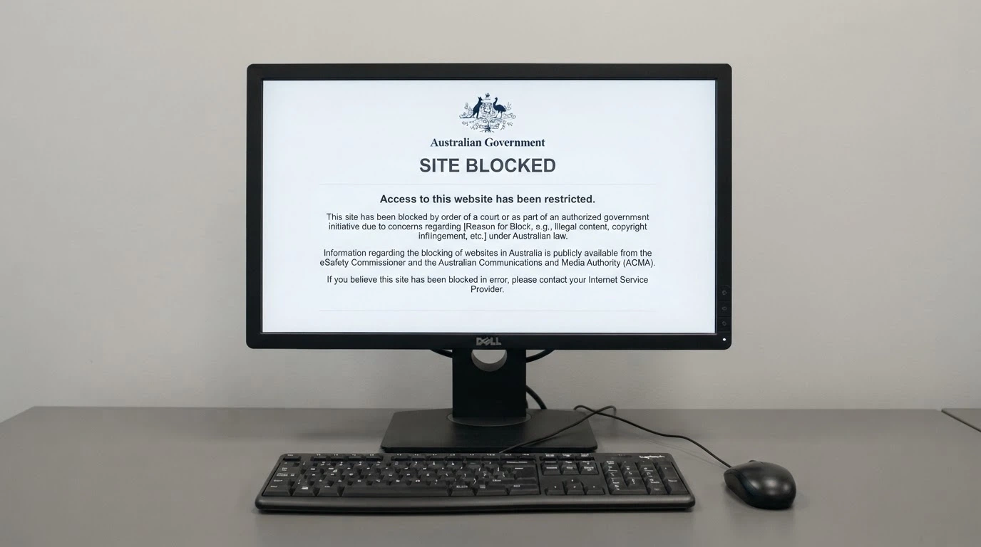 A desktop screen showing an ACMA blocking notice with a list of blocked domain names and the official Australian Government crest visible