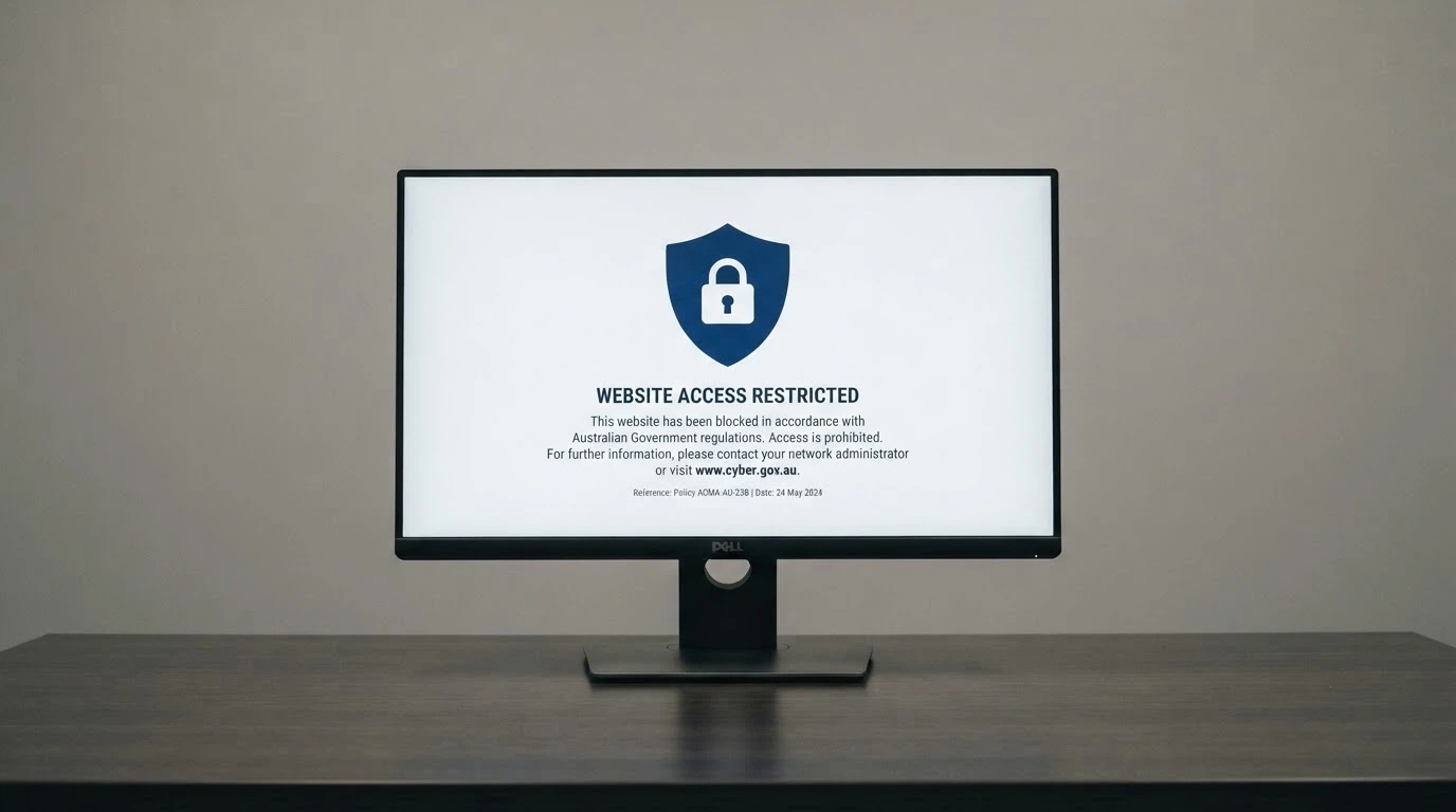 A stylised depiction of a website-blocking notice: a browser window showing an ACMA blocking page with the Australian coat of arms visible