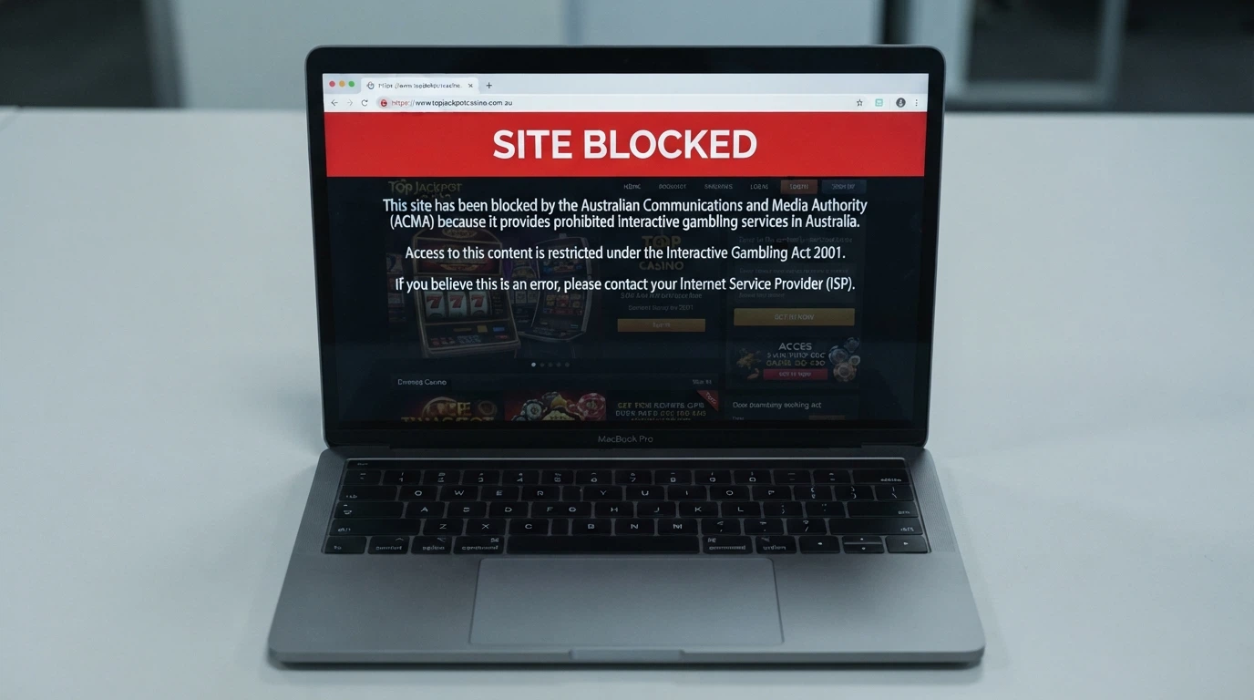 A browser window displaying an ACMA site-blocking notice over a greyed-out casino landing page, with a padlock icon crossed out