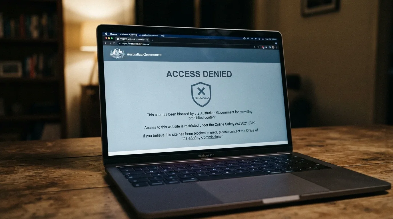 A browser window displaying an ACMA site-blocking notice — the screen a player sees when an ISP blocks an illegal gambling site under ACMA direction