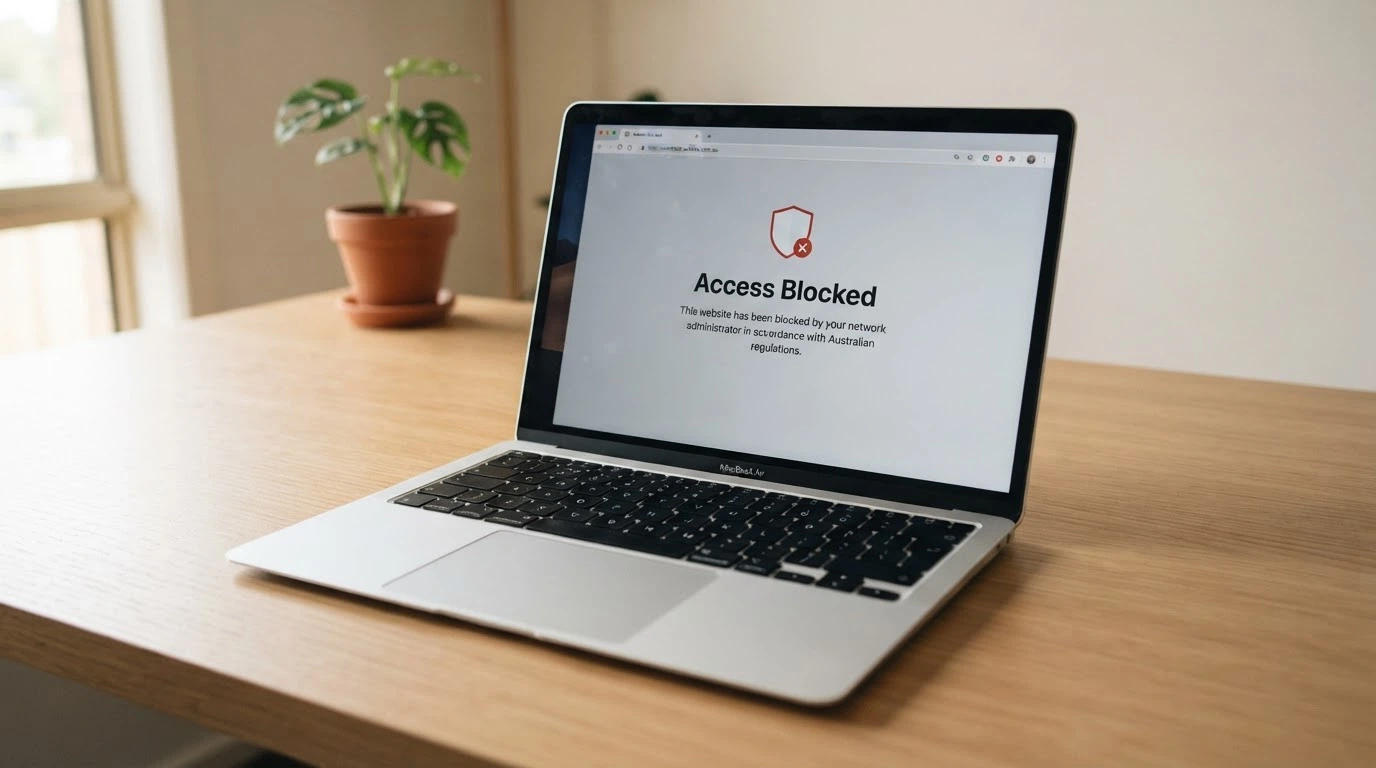 A browser window displaying the ACMA website-blocking notice — a splash page stating the site is blocked under Australian law with the ACMA logo and a short explanation