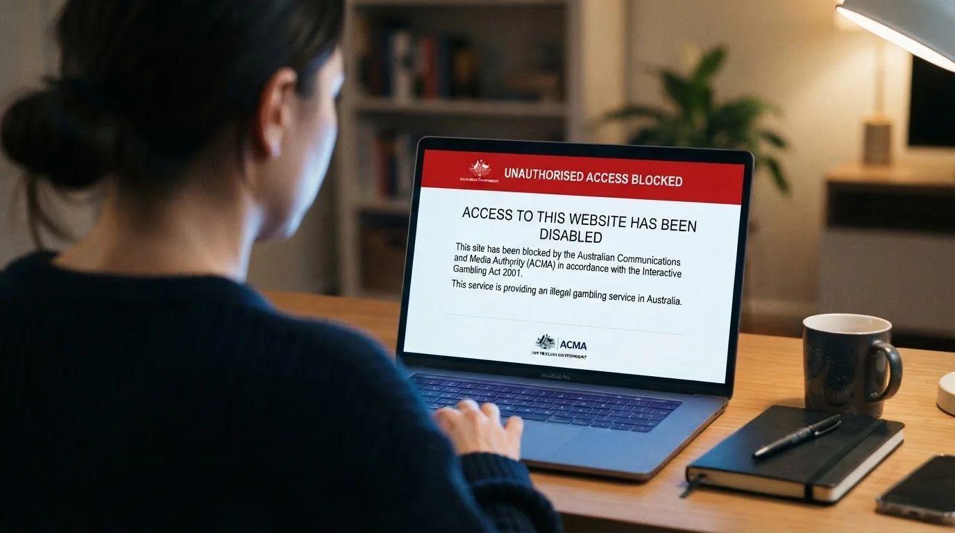 A browser window displaying the ACMA blocking notice — “This website has been blocked. Access to this site is prohibited under Australian law.”