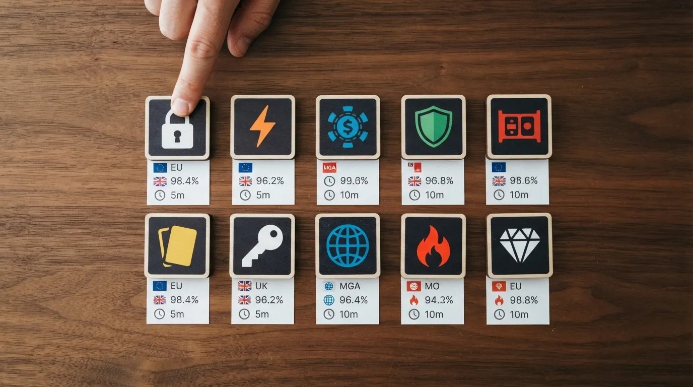 Ten casino logo tiles arranged in a ranked grid, with key metrics — licence jurisdiction, bonus amount and withdrawal speed — displayed beneath each one.