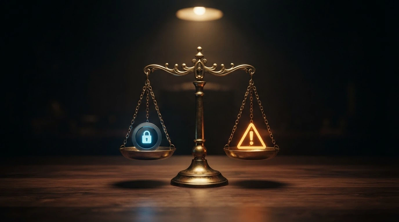 A balanced set of scales with a crypto wallet on one side and a warning triangle on the other, representing the trade-off between privacy and consumer protection.