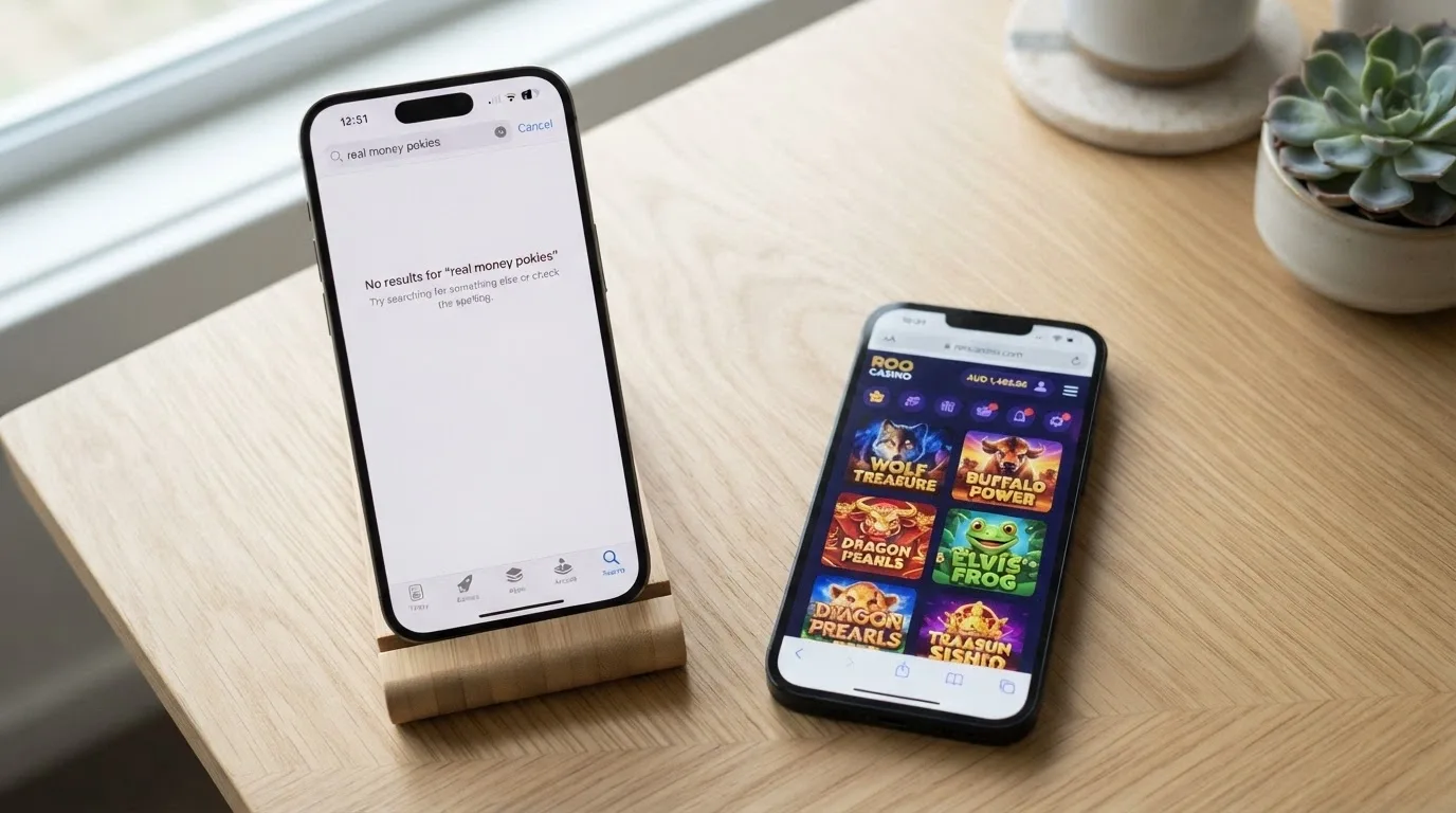 An iPhone displaying the App Store search for “real money pokies” with no gambling app results, next to a Safari browser window open to a pokies lobby