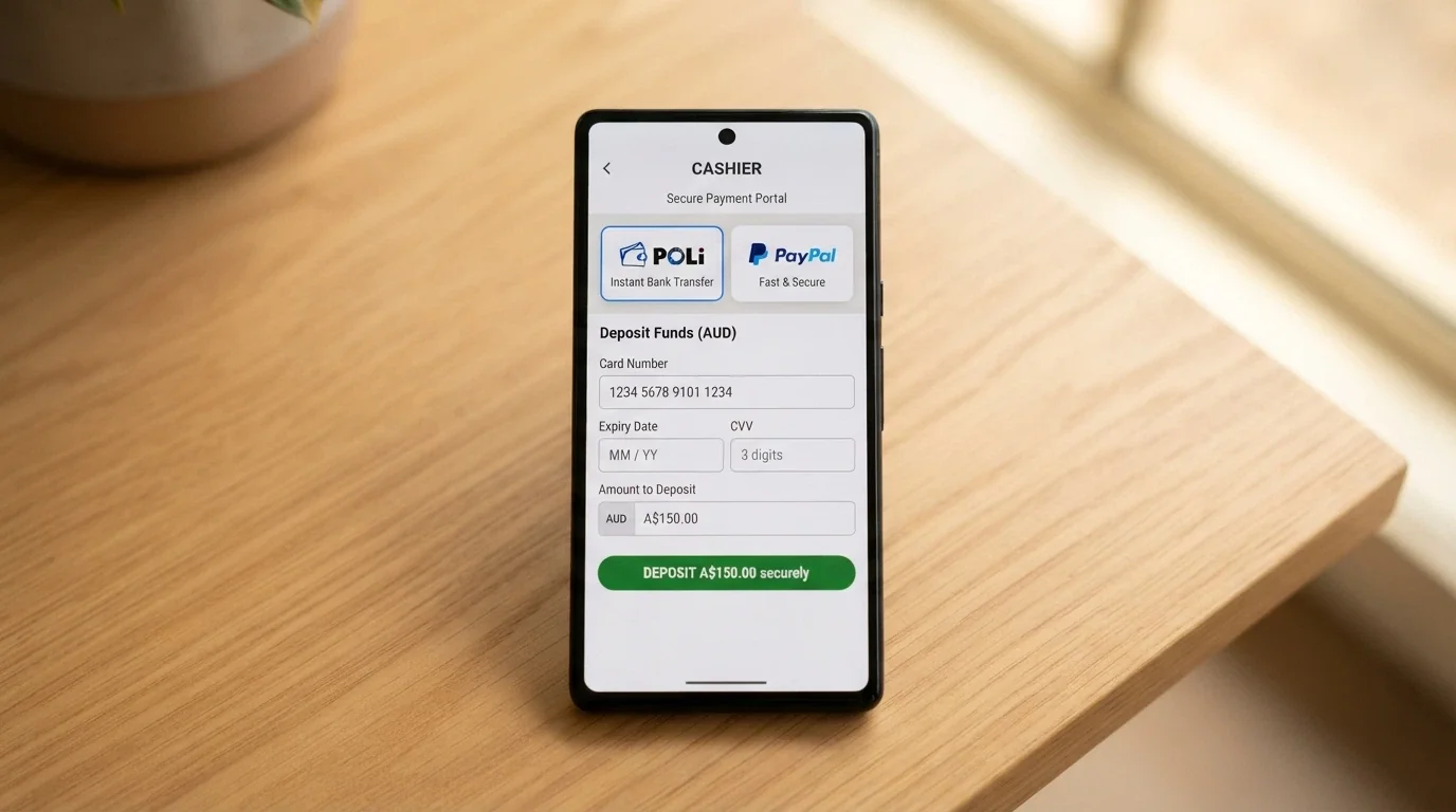 A smartphone displaying a casino cashier page with Apple Pay and Google Pay buttons next to traditional card fields