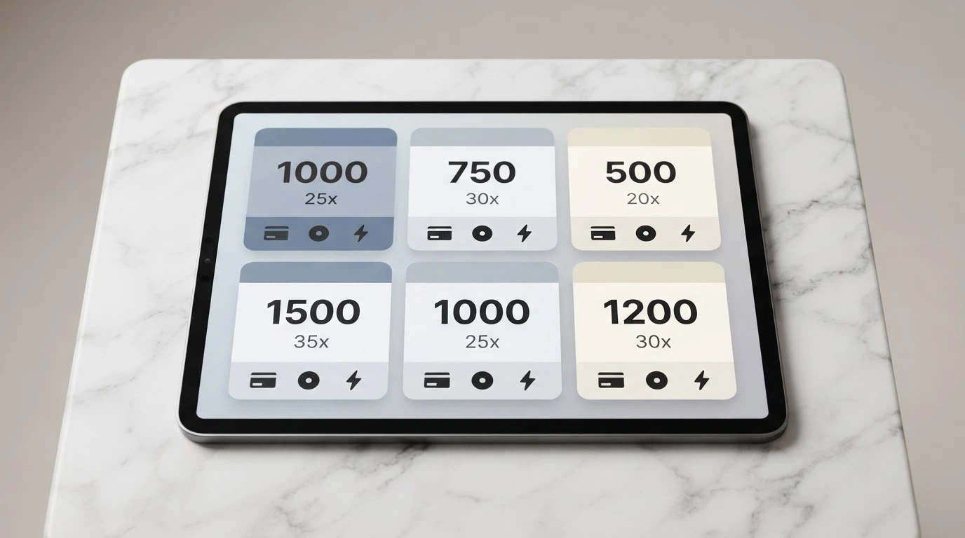 A side-by-side grid layout showing casino-brand cards with bonus figures, wagering numbers and payment-method icons, arranged as a comparison
