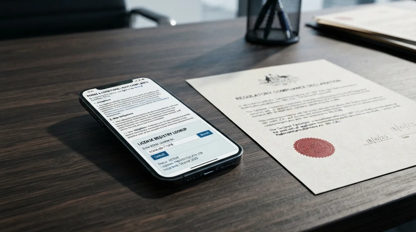 A close-up of a phone screen displaying a casino terms page with a licence-registry lookup visible beside it, document-like composition