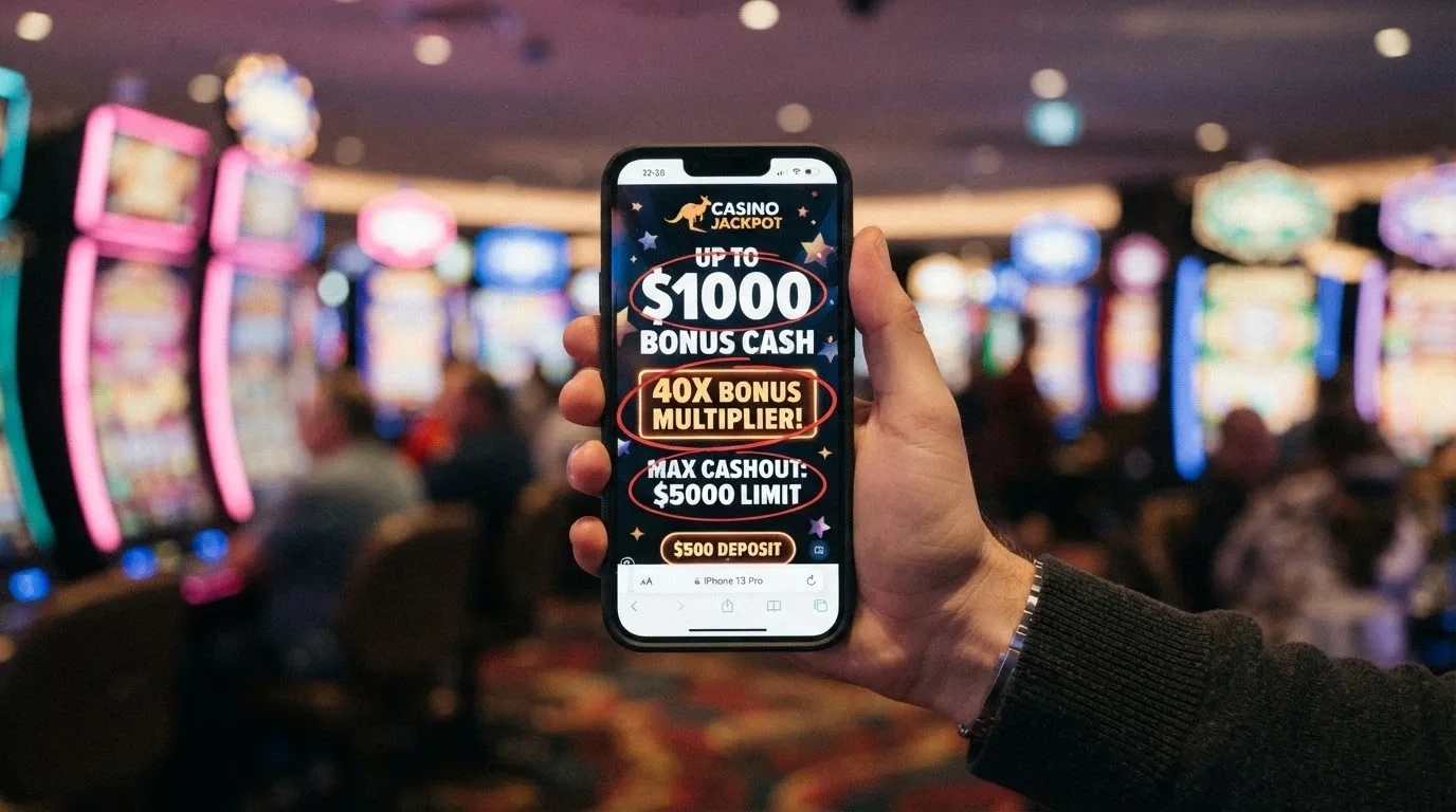 A close-up of a casino bonus terms pop-up with the wagering requirement and max cashout figures circled in red, over a blurred pokies background