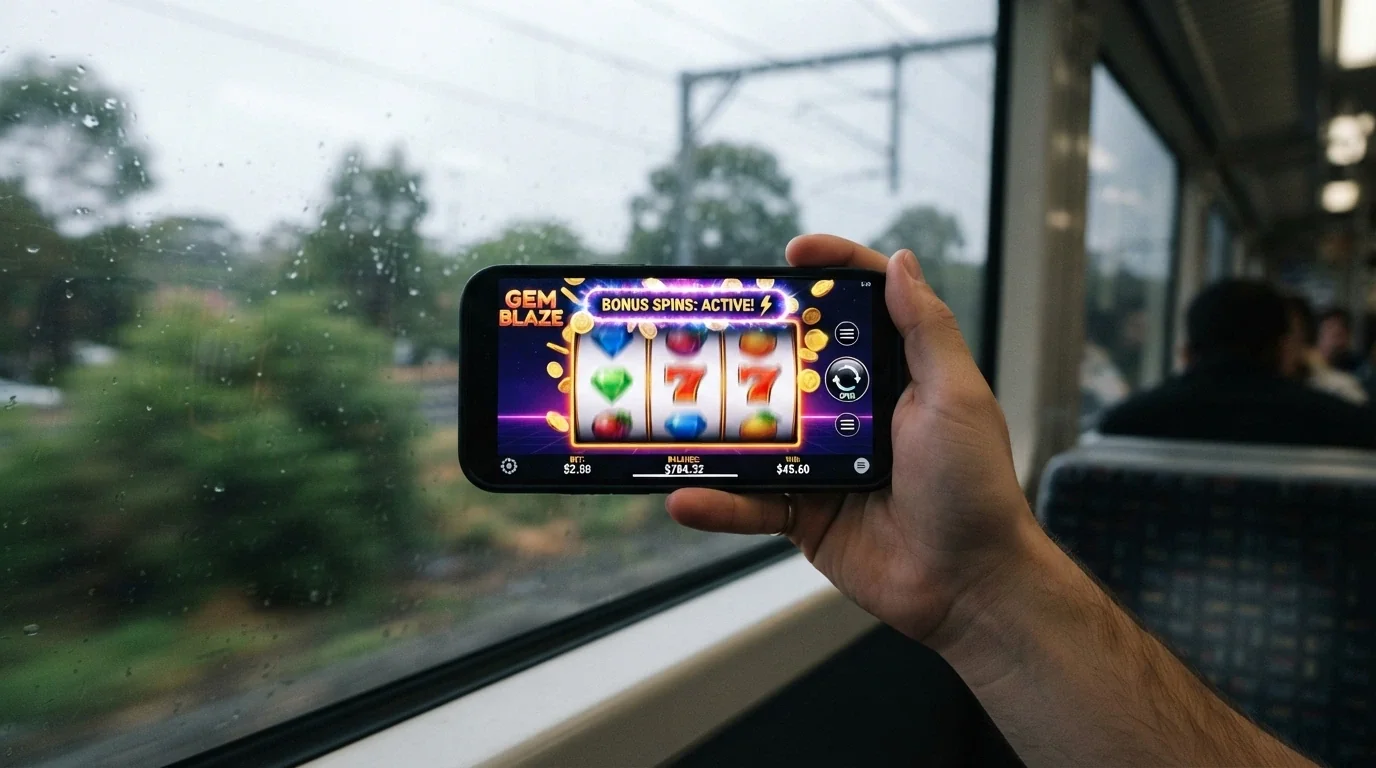A pair of hands holding a smartphone in landscape orientation with a colourful pokies game on screen, commuter-train window visible in the background