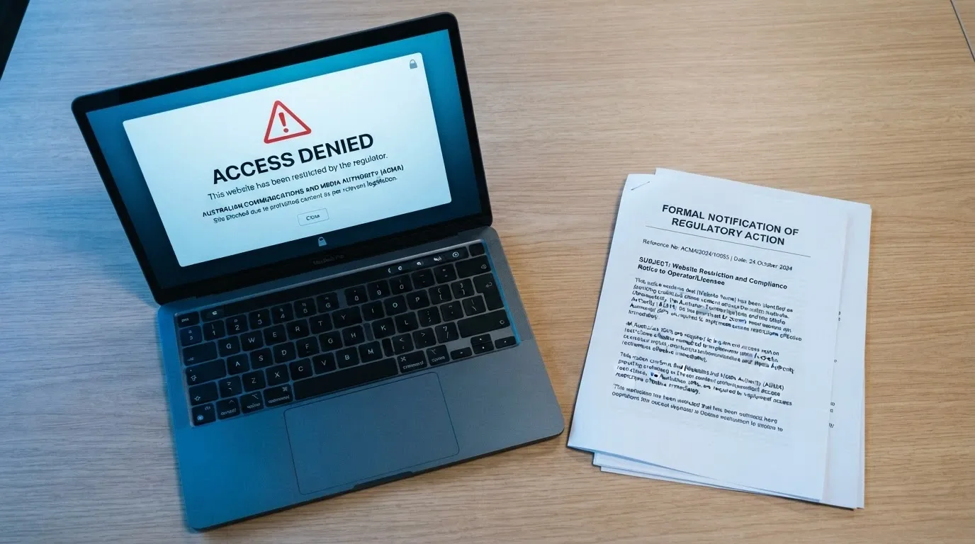 The cover page of the Interactive Gambling Act 2001 beside the ACMA logo and a blocked-website notice