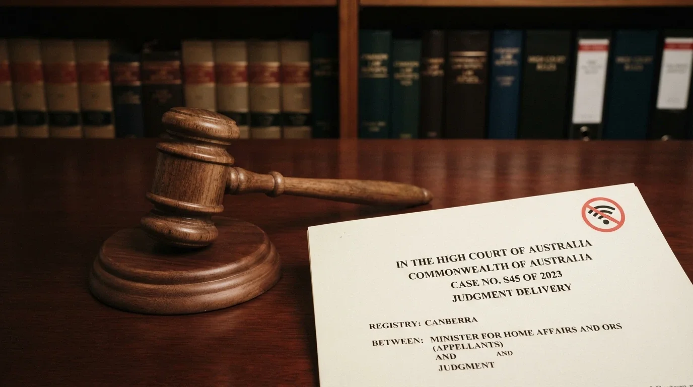 A gavel resting beside a printed document headed Interactive Gambling Act 2001, with a Wi-Fi symbol crossed out in red
