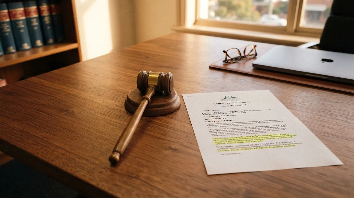 A gavel on a desk beside a printed copy of the Interactive Gambling Act 2001 with key sections highlighted, the Australian coat of arms visible in the document header