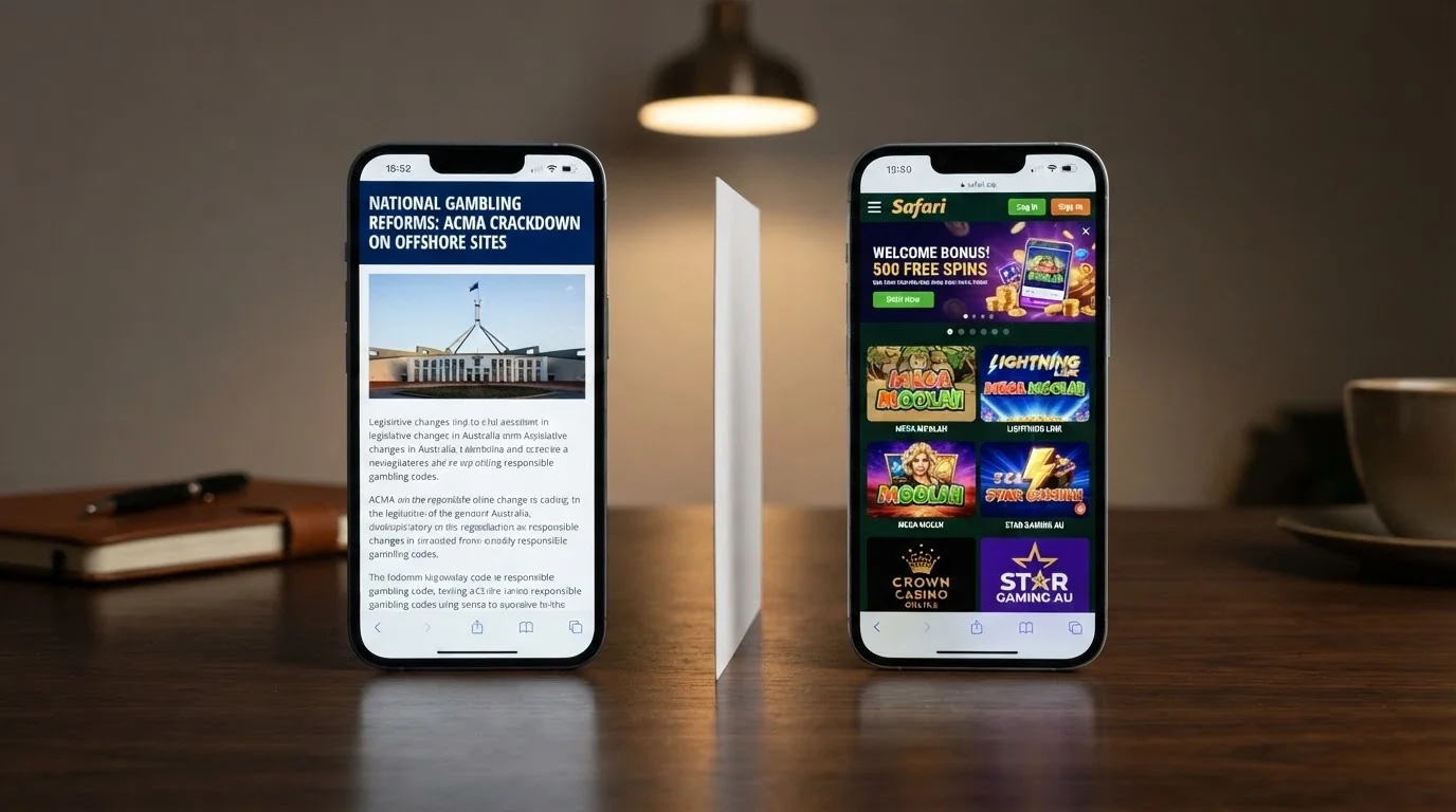 The ACMA website homepage displayed on an iPhone screen beside a casino lobby, with a visual divider between them