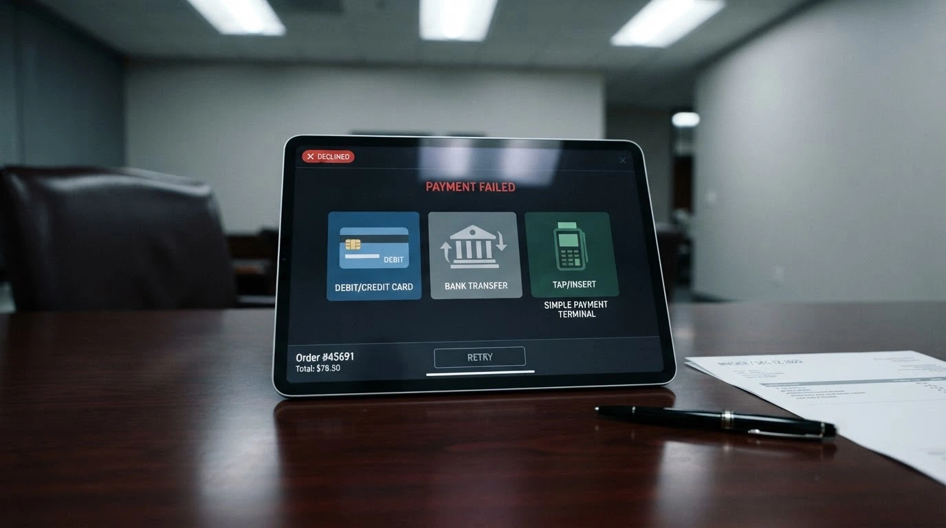 An iPad showing a casino cashier screen with Australian payment methods (PayID, debit card, BPAY) displayed, a declined credit card notification visible in the corner