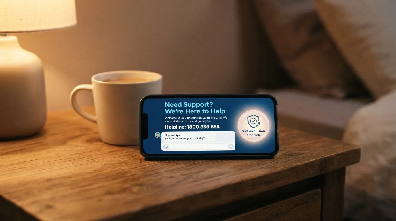 A smartphone screen showing the Gambling Help Online chat interface beside the 1800 858 858 helpline number, with a self-exclusion control panel icon