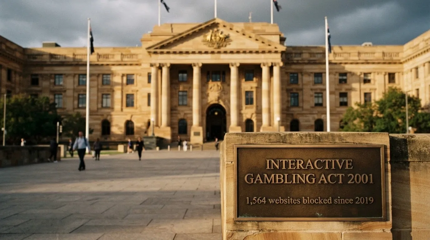 A government-building exterior or official document seal visual with the text “Interactive Gambling Act 2001” and a smaller line “1,564 websites blocked since 2019” beneath it