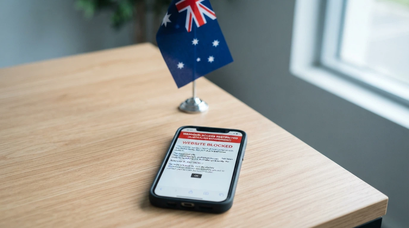 Australian flag beside a smartphone screen displaying a blocked-website notice