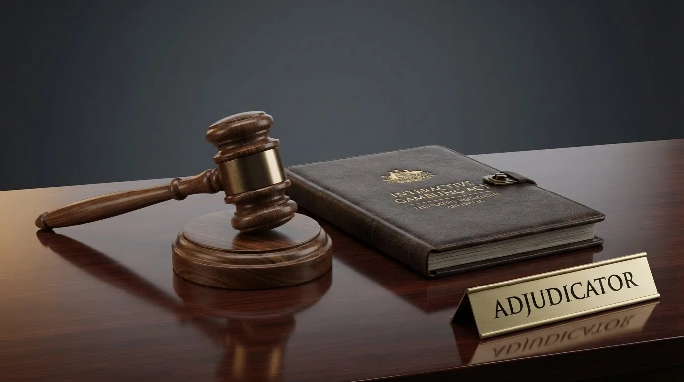 A gavel resting beside a document labelled Interactive Gambling Act, with the ACMA logo visible in the corner
