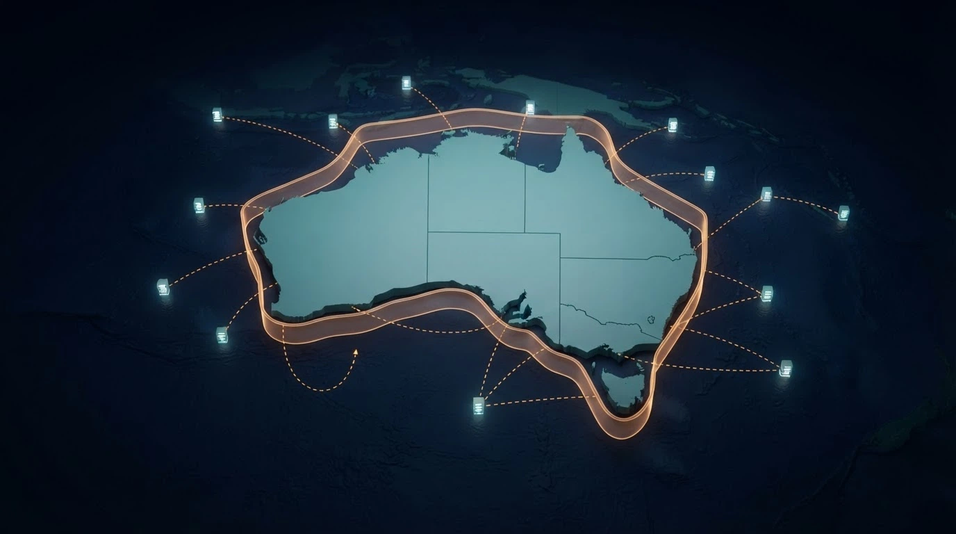 A map of Australia with offshore casino servers shown as distant points across the ocean, connected by dashed lines blocked by an IGA/ACMA barrier graphic