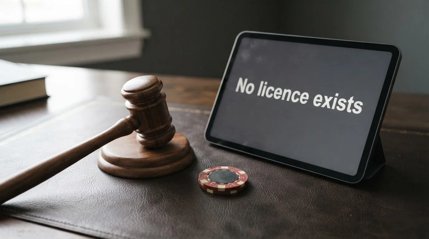 A close-up of the Interactive Gambling Act 2001 cover page or a stylised gavel beside a screen reading “no Australian online casino licence exists”