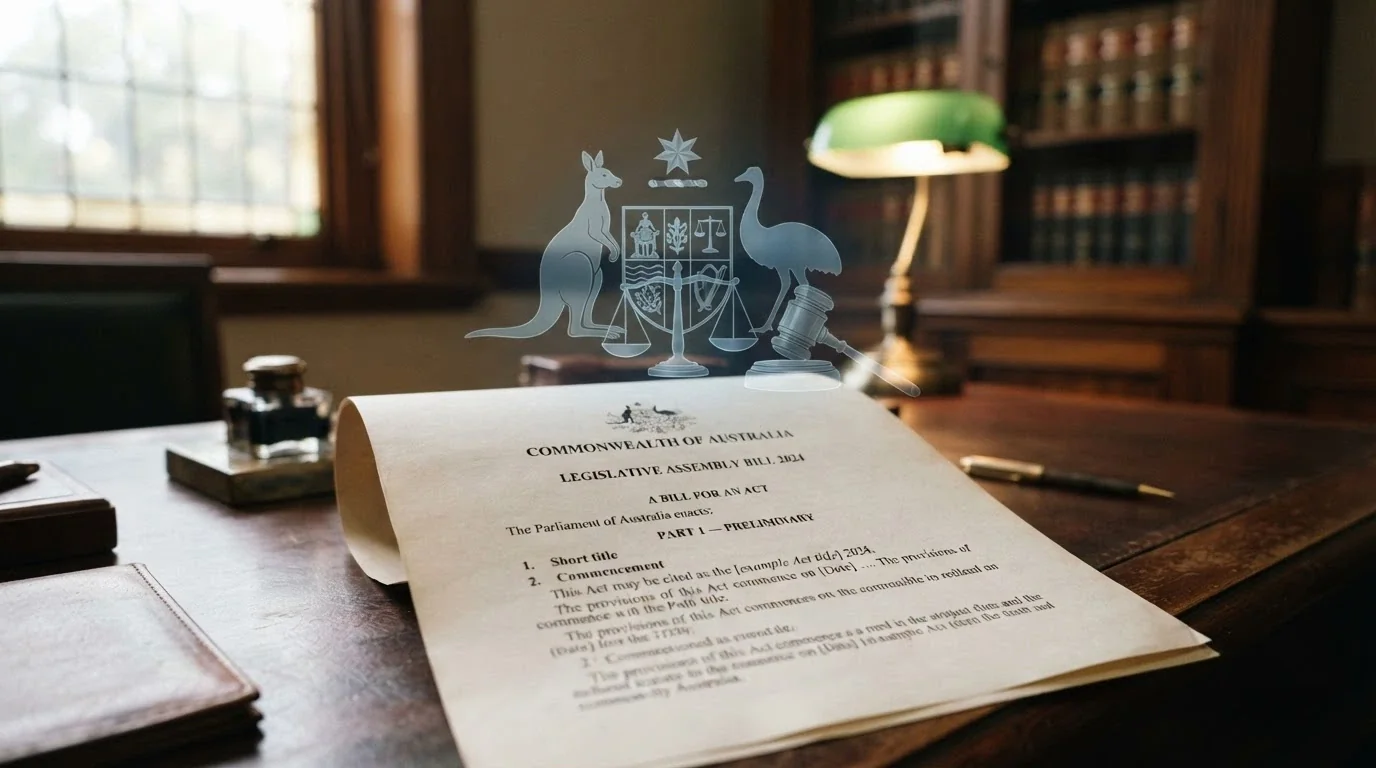 A formal legislative document or the ACMA logo overlaid with digital-filter styling, with a gavel or scales silhouette visible in the composition
