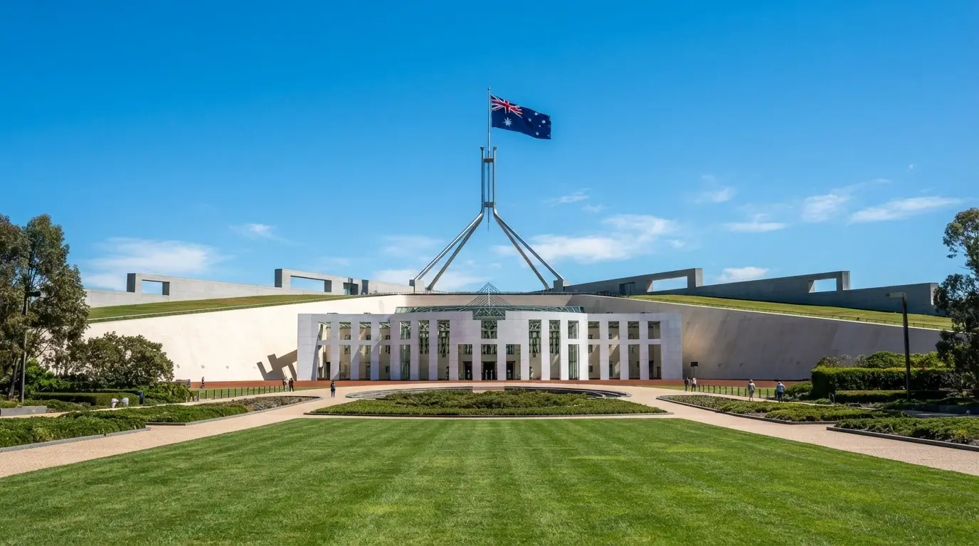 The exterior of Parliament House in Canberra with the Australian flag visible against a clear sky