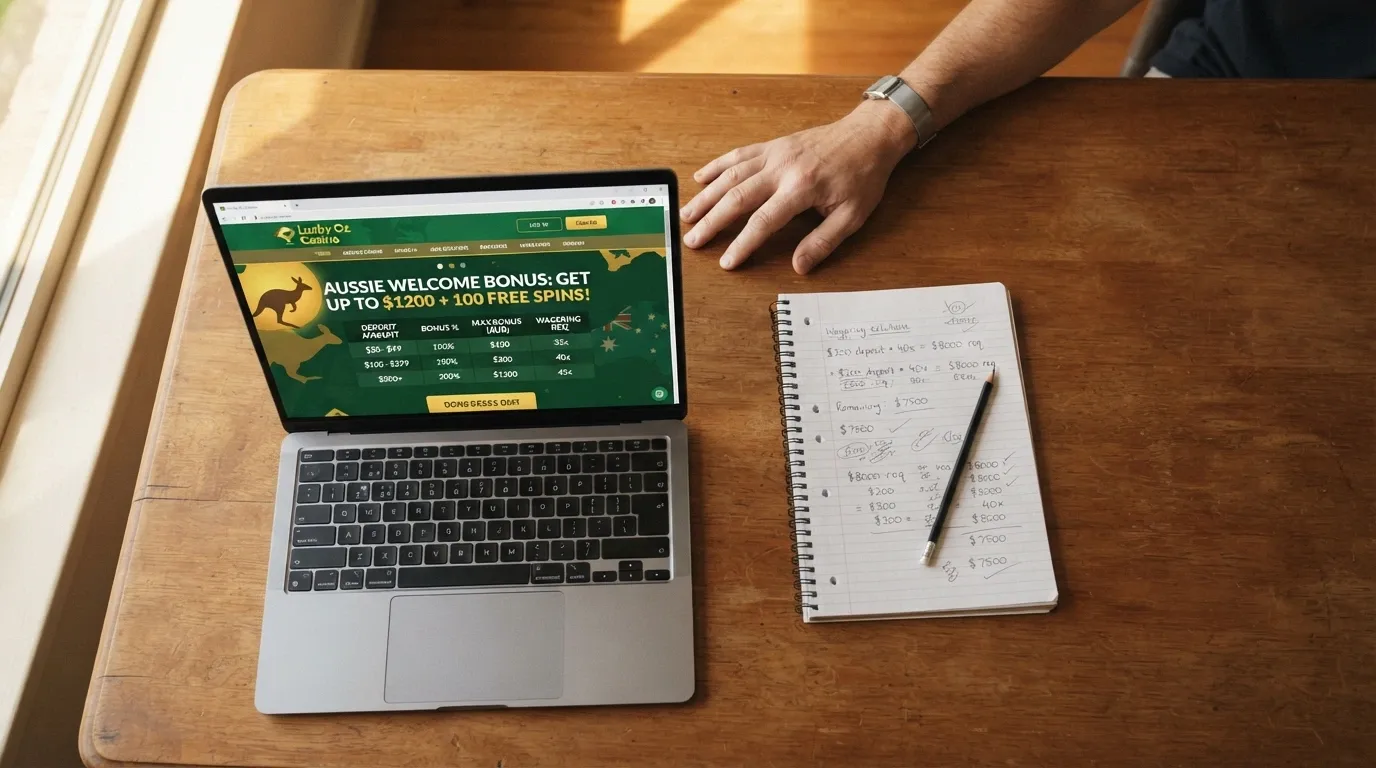 An Australian player's hands hovering over a laptop keyboard, with a casino bonus page on screen and a notepad beside the laptop showing handwritten wagering calculations