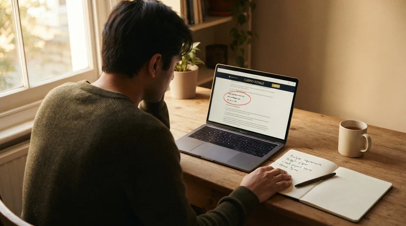 A person sitting at a desk with a laptop open, hand on a notepad, the screen showing a casino terms page with key figures circled