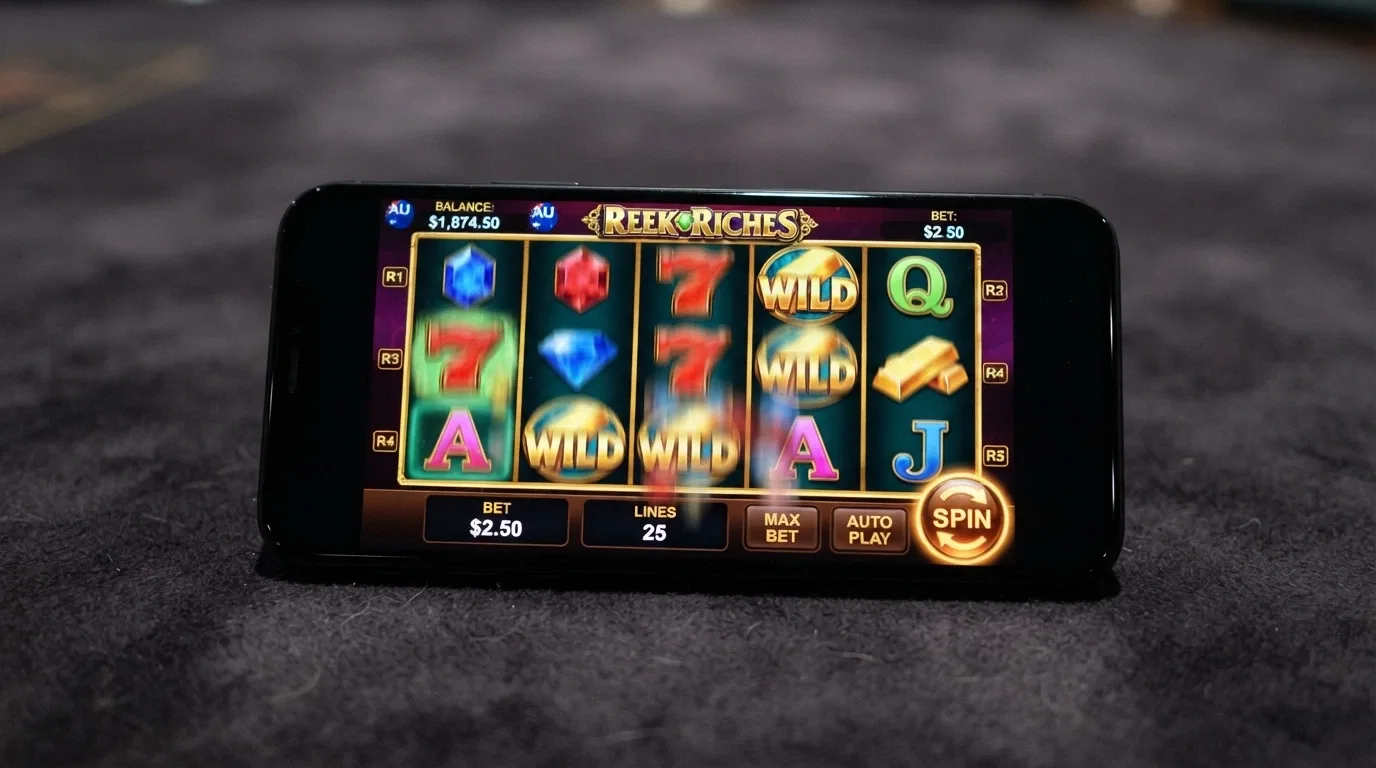 A close-up of a five-reel pokies game running on an Android phone in landscape orientation, with the spin button highlighted