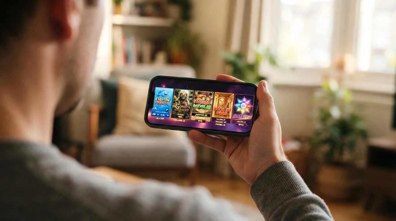 A row of popular online pokies title screens including Wolf Gold, Big Bass Bonanza and Gates of Olympus displayed on a mobile phone.