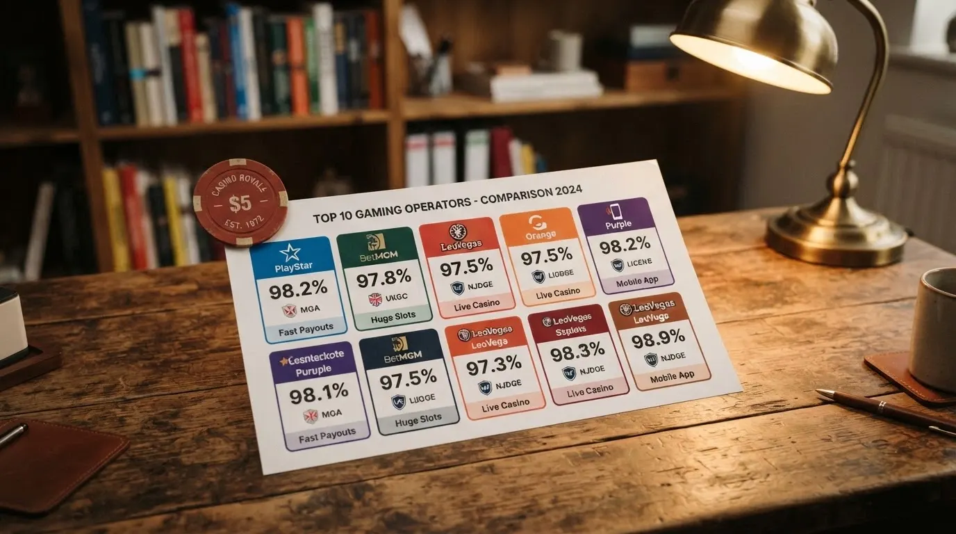 A side-by-side comparison layout of operator cards showing different bonus offers, licence badges and key terms